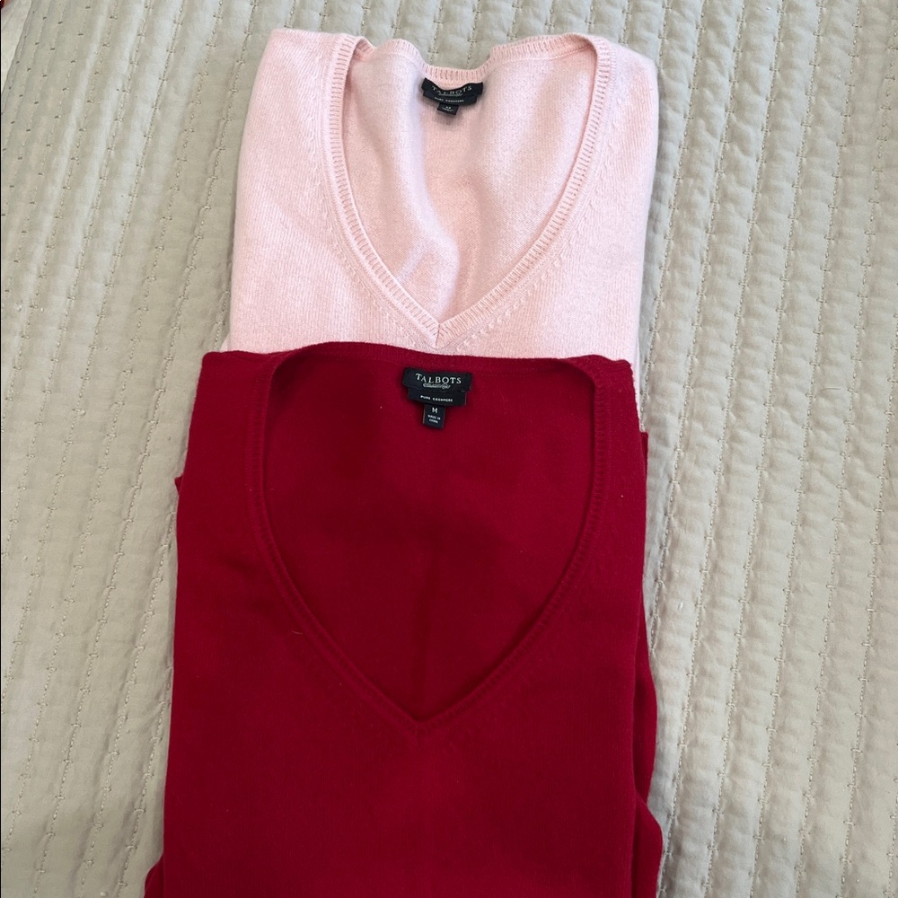 Talbots Soft Pink and Rich Red 100% Cashmere V-Neck Sweaters